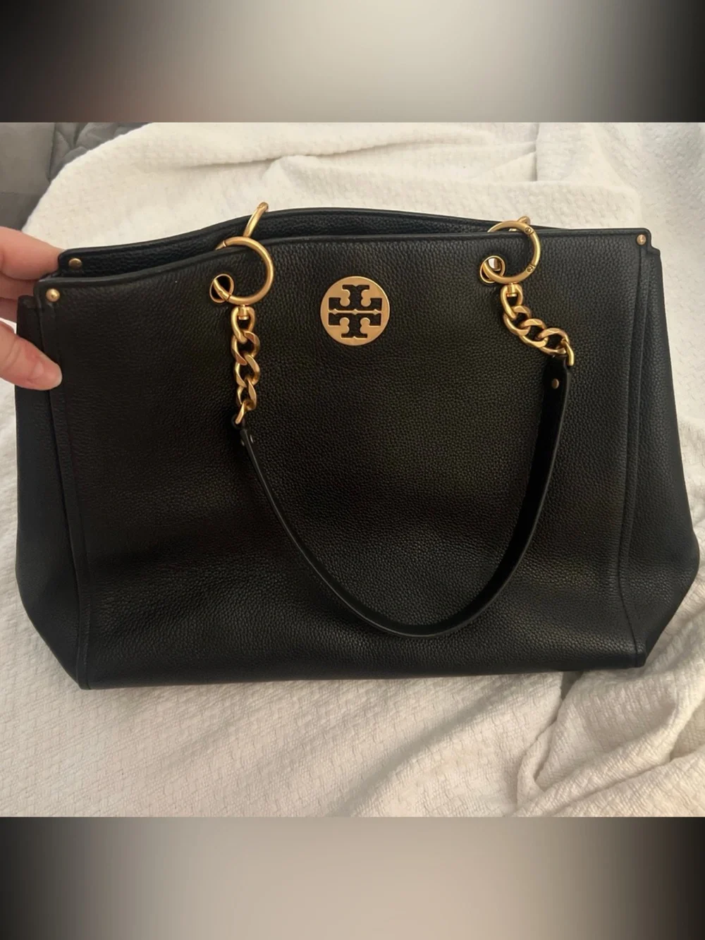 Tory Burch Black Leather Shoulder Tote with Gold Hardware